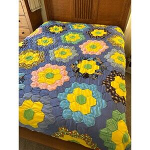 Vintage Handmade 70s Quilt Polyester Grandma's Garden Bright Colors Hand Quilted